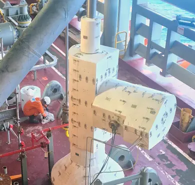 Today the FPSO has passive fire protection of its valves from Beerenbergs Benarx epoxy series. Local fitters installed the Benarx boxes under supervision of Berenberg.