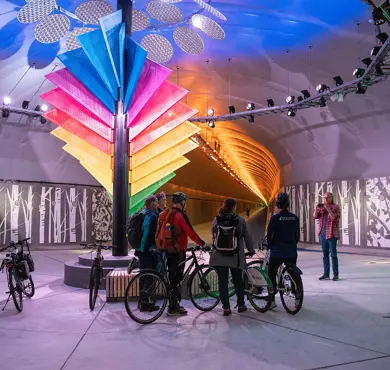 Sound insulation reduces the noise level from large fans in Bergen's new pedestrian and bicycle tunnel. Photo: Beerenberg.